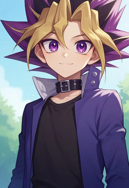 score_9, score_8_up, source_anime, highly detailed,
yugi, 1boy, skinny, cute, male focus, solo, dyed bangs, smile, purple eyes, blonde hair, spiked hair, bangs, shirt, collar, multicolored hair, jacket, black shirt, purple hair,
outdoor,