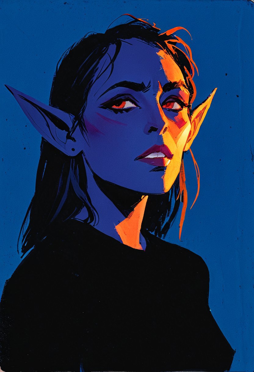 (resplendent highlighting) in the style of casual line and wash sketch, hauntingly beautiful, a drawing of a githyanki woman with, very small nose, pointed elf ears (detailed anatomy and defined musculature:1.0) prominent cheekbones, looking at viewer (elated expression:1.2), focus on the face, strong stance (ultraviolet hues:1.0) bill sienkiewicz and marilyn minter influence, high-contrast lighting, rough details, dark-black sweater, backdrop of salt flats and mono lake, aidmamj6.1, 3xpr3sgg0th1cn30n1nc4s3, ExpresHGothicNeonIncaseUOC, ExpresHGothicNeonIncase