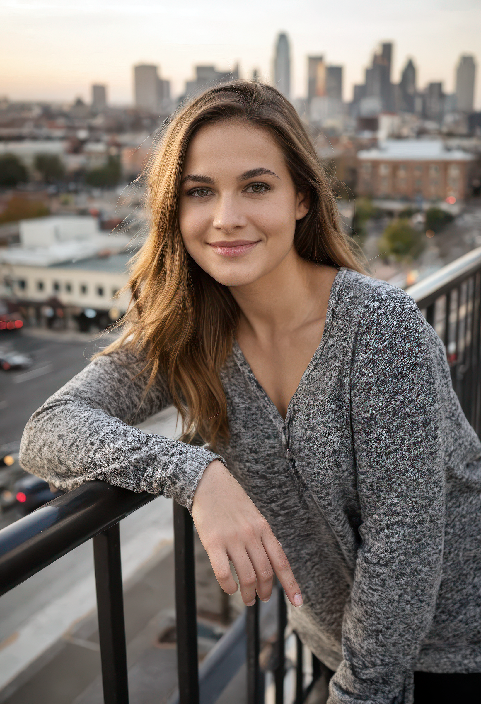 sdxl_simonejoruk leaning on a metal railing downtown, soft smile, long-sleeve shirt with relaxed posture, late afternoon city light with blurred skyline