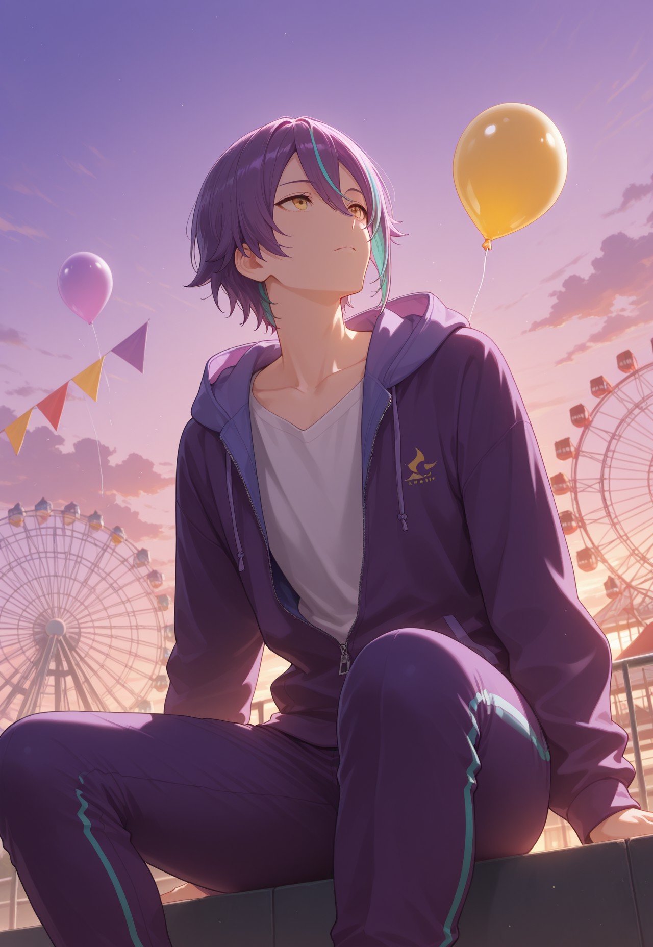 masterpiece, best quality, very aesthetic, absurdres, short hair, yellow eyes, purple hair, aqua hair, streaked hair, male focus, 1boy, ruikun, balloon, looking up, hood, partially unzipped, hood down, ferris wheel, sunset, hair between eyes, purple sky, jacket, orange sky, sitting, sky, solo focus, looking afar, striped, shorts, cloud, shirt, pants, purple shorts, gradient sky, zipper, purple pants, hoodie, feet out of frame, string of flags, hooded jacket, drawstring, collarbone, evening, backlighting, leggings, cloudy sky, expressionless, closed mouth, bubble