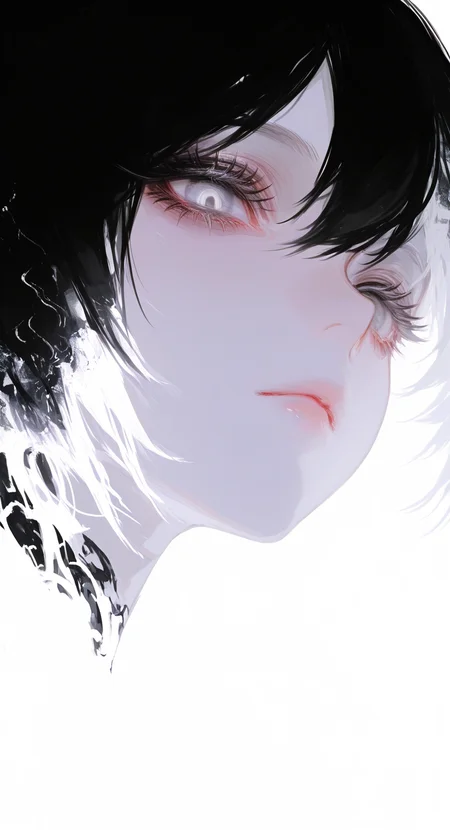 masterpiece, best quality, good quality, very aesthetic, absurdres, newest, 1girl, solo, looking_at_viewer, simple_background, black_hair, white_background, closed_mouth, white_hair, multicolored_hair, from_side, grey_eyes, eyelashes, lips, makeup, expressionless, portrait, close-up, white_eyes, long_eyelashes, abstract <lora:ponyv5_noobV065S_1_adamW-000013:0.7> <lora:USNR_STYLE_XL_lokr:0.45> <lora:GBF_Illustrious:0.4> <lora:748cmSDXL:0.6>