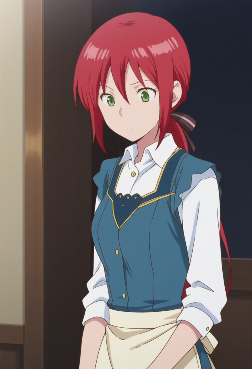 masterpiece,best quality,amazing quality, source_anime, 
shirayuki,1girl, solo, green eyes, red hair, long hair, hair ribbon, shirt, white shirt, collared shirt, vest, blue vest, apron,