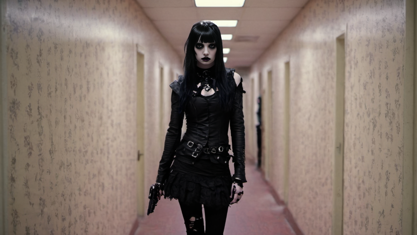 <lora:Roger_Deakins_Cinematography:1>, Pastel Goth, corridor,, movie still, Action Genre
