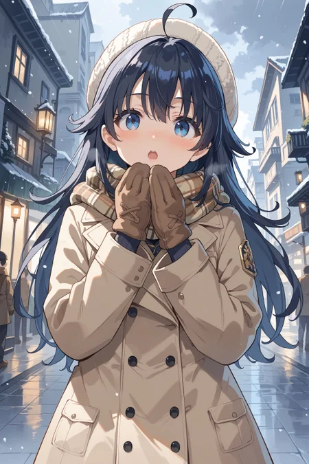 score_max, (score_9, score_8_up, score_7_up:1.2), score_6_up, official art, source_anime,
, masterpiece, absurdres, high detail, 8k,
city, snowing, overcast, upper body,
standing, hands on own mouth, open mouth, nose blush, steam, looking at viewer,
kamisaman, ahoge, black hair, long hair, knit hat, plaid scarf, brown coat, trench coat, brown mittens,
<lora:XL_Pony_MGCM-kamisaman-t1:1.0>
