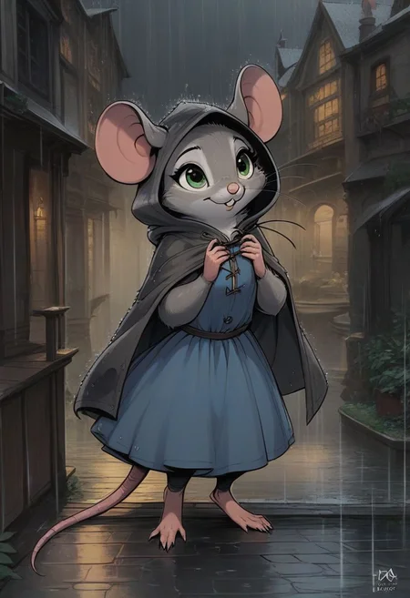 score_9, score_8_up, score_8, (solo), (solo:2), (fluffy:0.8), (feral), outdoors, furry, (((mouse))), female, bright green eyes, grey fur, grey ears, claws, (fluffy cheeks:0.4), long hooded cape, hood up, (blue dress), cute, in the style of beatrix potter, cel-shading, fca style, village, night, rain, (dark:1.5), backlit, (high angle view:1.3)