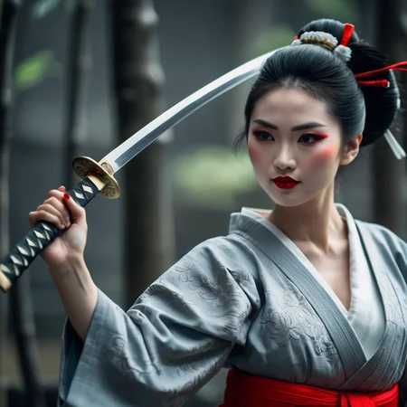 cinematic film still of  <lora:female samurai style v2:1>
medium shot, an epic cinematic photo of a geisha woman holding a Katana sword with bother hands, looking at camera with red lips and cute smile, in a grey background, female samurai style, shallow depth of field, vignette, highly detailed, high budget, bokeh, cinemascope, moody, epic, gorgeous, film grain, grainy