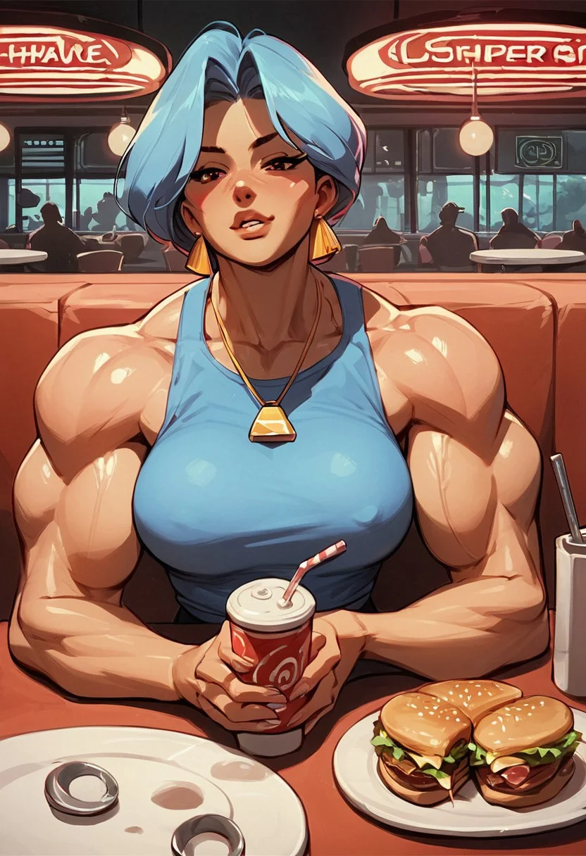 1girl, solo, Expressiveh, girl sitting in a retro diner at a round table under a neon pink sign, looking pleased, on the table a plate with a BLT sandwich, retro, 1960s, pin-up girl, muscular female, muscular shoulders and neck, muscular arms, glistening skin,
score_8_up, score_7_up, source_anime,(skin detail:1.3), (shadows:1.3)
BREAK
score_9, score_8_up, score_7_up, score_6_up, source_cartoon, rating_explicit