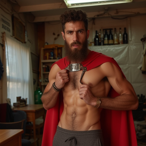 A handsome hairy muscular man wearing a red cape, camp interior background