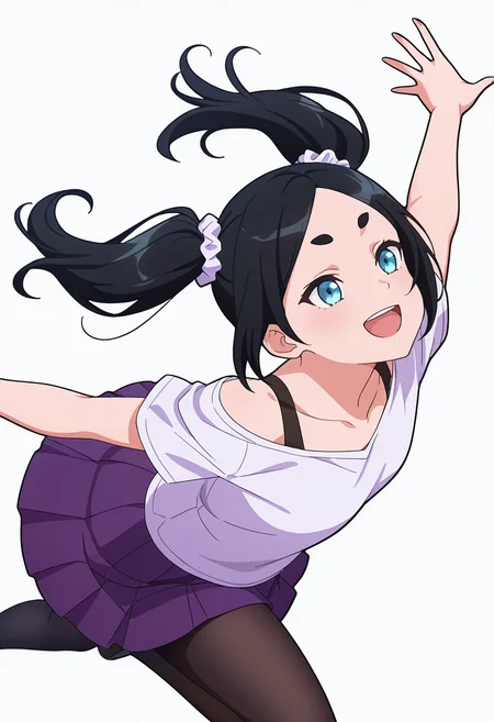 Smooth Quality,masterpiece,very intricate, high quality details, ultra realistic, high detailed skin,detailed enviorement,absurdres,
open hand,solo,
<lora:Dannar_Toxico_CNR:0.8> toxico_cnr, 1girl,black hair, twintails, blue eyes, thick eyebrows,
toxico_purple_cnr, 1girl, collarbone,white shirt,short sleeves, off shoulder, purple skirt, pleated skirt,black pantyhose, shoeshair scrunchie,shirt,, simple background, white background, sideways,
jumping, arms raised, legs bent, happy face, energetic posture,  ,, pain,