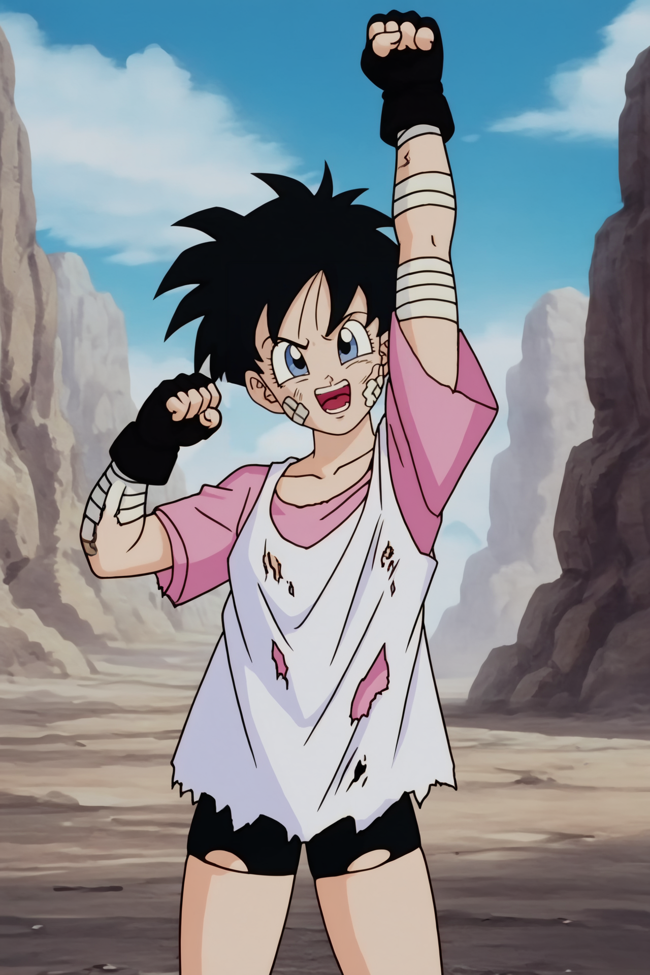 source_anime, score_9, score_8_up, score_7_up, anime screencap,8k, absurd res,
videl, solo, smile, open mouth, blue eyes, shirt, black hair, gloves, 1girl, outdoors, sky, day, cloud, fingerless gloves, torn clothes, bandages, bike shorts, bandaid, dirty, short sleeves, sleeveless dress, victory pose, white dress, teeth, raised fist, pink shirt, official style, raised eyebrows, dress over shirt, collarbone, clenched hands, arm up, cowboy shot, spiked hair
 <lora:videlSatan_pony_v1:0.8>