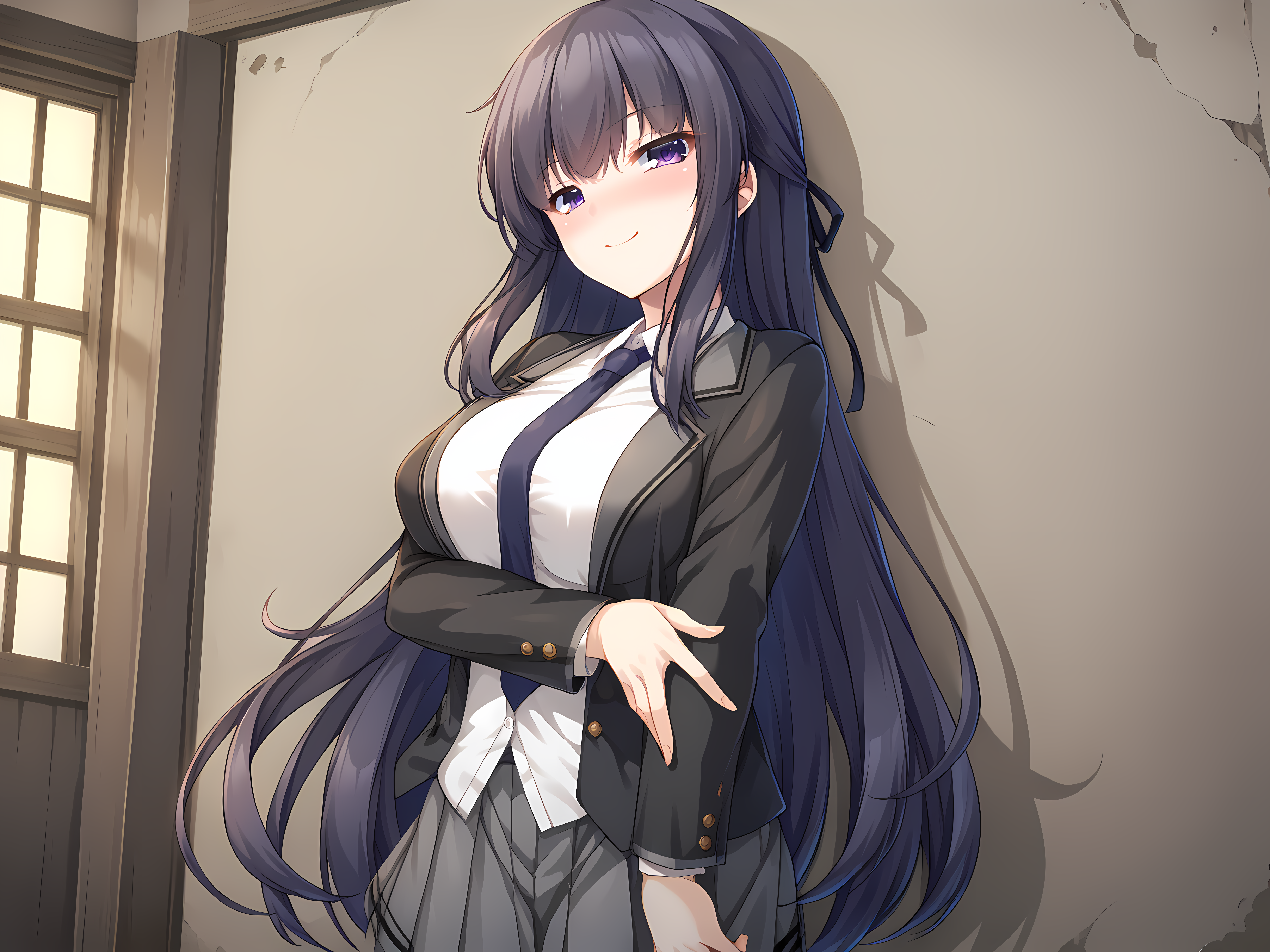 school outfit,seductive smile,blush,breasts,1girl,escude,kagami,purple eyes,large breasts,against wall,cowboy shot,indoors,<lora:ESCUDE_-_Haisen_Shoujo_-_Kagami:0.8>,, score_9, score_8_up, score_7_up,source_anime,(masterpiece),(best quality),(ultra-detailed),(best illustration),(best shadow),(absurdres),(detailed background),(very aesthetic),source_anime