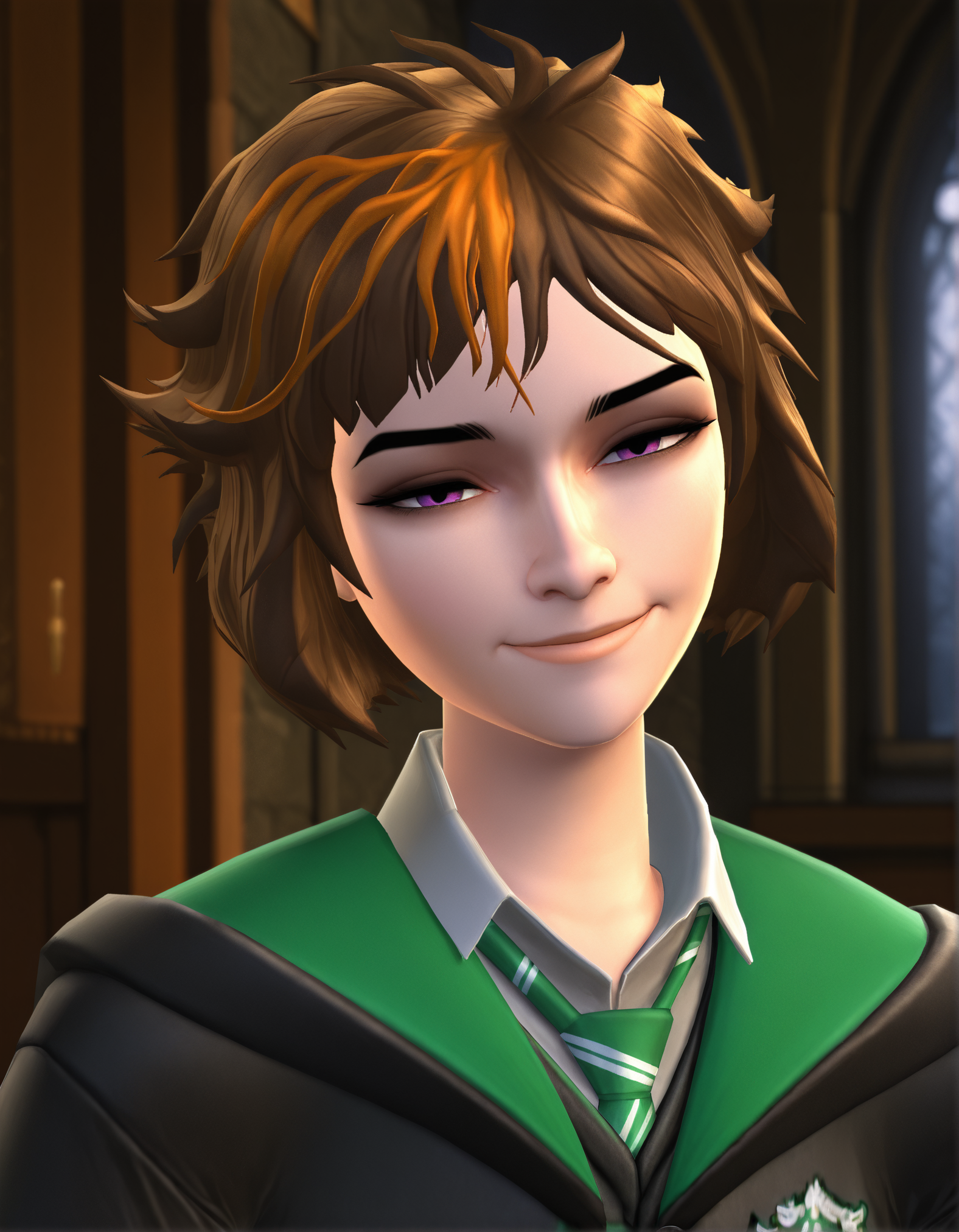1girl, merula, realistic, 3d, short hair, brown hair, purple eyes, hogwarts school uniform, upper body, looking at viewer, half-closed eyes, smile, blurry background, indoors, highly detailed, masterpiece, best quality, amazing quality, very aesthetic, absurdres