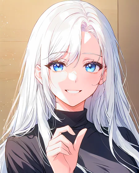 (best quality:1.4), (ultra highres:1.2), (8k, RAW photo:1.2), manhwa-artstyle, 1girl, solo, long hair, looking at viewer, smile, white hair, blue eyes, upper body, black shirt, Perfect Hands, <lora:neg4all_bdsqlsz_xl_V7:0.8>, <lora:Perfect Hands:0.8>,<lora:manhwa-artstyle-000018:0.6>