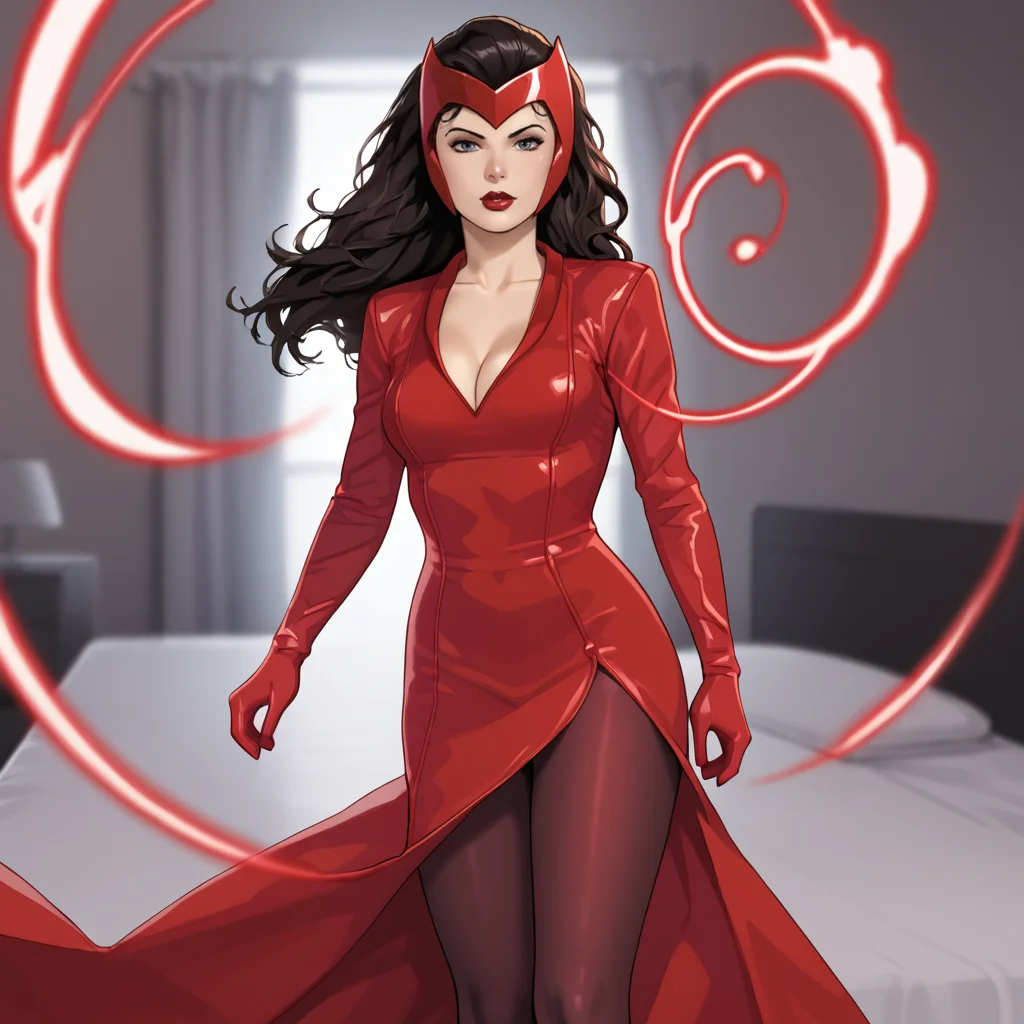 <lora:scarletwitchmarvelnow_pony_v1:1>scarletwitchmarvelnow, 1 girl, solo, medium breasts, 1girl, cleavage, black hair, makeup, long hair, pantyhose, red bodysuit, lipstick, gloves, dress, helmet