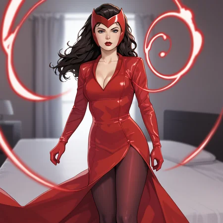 <lora:scarletwitchmarvelnow_pony_v1:1>scarletwitchmarvelnow, 1 girl, solo, medium breasts, 1girl, cleavage, black hair, makeup, long hair, pantyhose, red bodysuit, lipstick, gloves, dress, helmet