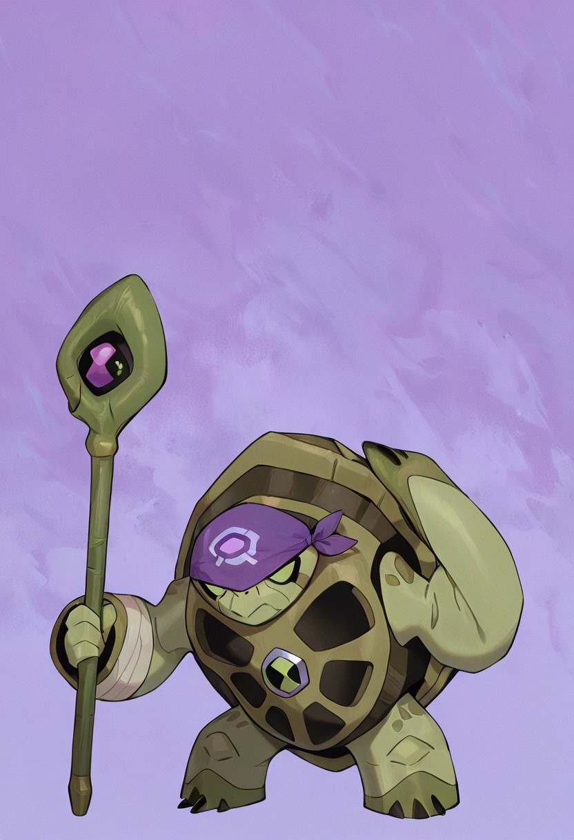 masterpiece, best quality, amazing quality, very aesthetic, absurdres, newest,, detailed background, 
terraspin, pokemon (creature), solo, no humans, closed mouth, green eyes, green skin, shell, turtle, small head
purple bandanna, purple eye mask, purple belt, bandaged arms, purple background, dynamic pose, holding staff
