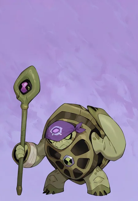 masterpiece, best quality, amazing quality, very aesthetic, absurdres, newest,, detailed background, 
terraspin, pokemon (creature), solo, no humans, closed mouth, green eyes, green skin, shell, turtle, small head
purple bandanna, purple eye mask, purple belt, bandaged arms, purple background, dynamic pose, holding staff