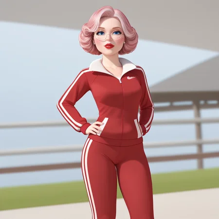 <lora:MrClaus_pony_v1:1>  MrsClaus, 1girl, track suit, glasses, round eyewear,  solo, blue eyes, red lips, lipstick, makeup, red pants, short hair, track pants, red jacket, pink hair, freckles, long sleeves, cowboy shot