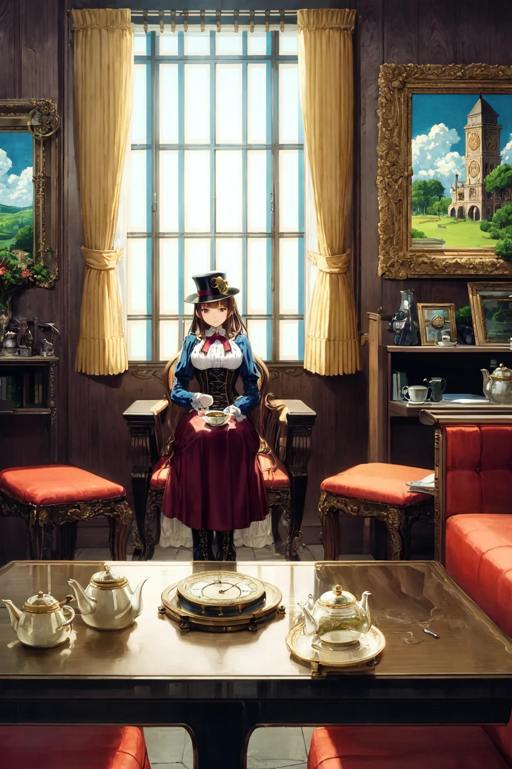 masterpiece, best quality, ultra-detailed, illustration, 1girl, solo, indoors, daytime, steampunk, clock, cafe, brown hair, top hat, goggles, corset, long skirt, boots, pocket watch, vintage, antique, brass, metal, gears, machinery, clockwork, clock tower, ornate, elegant, classic, sophisticated, refined, poised, contemplative, thoughtful, curious, mysterious, enigmatic, watchful, intelligent, bookish, coffee, cake, pastry, teapot, cup, saucer, table, chair, wallpaper, chandelier, window, sunlight, shadow, contrast, perspective, depth, texture, detail, realism, impressionistic, expressionistic, abstract, surrealistic, innovative, experimental, unique, atmosphere, ambiance, mood, nostalgia, historical, cultural, technological, industrial, fantasy, imagination, creativity, artistry, craftsmanship, skill, precision, detail, composition, balance, harmony, rhythm, color, light, shadow, reflection, refraction, tone, contrast, foreground, middle ground, background, vanishing point, horizon line, focal point, naturalistic, figurative, representational.