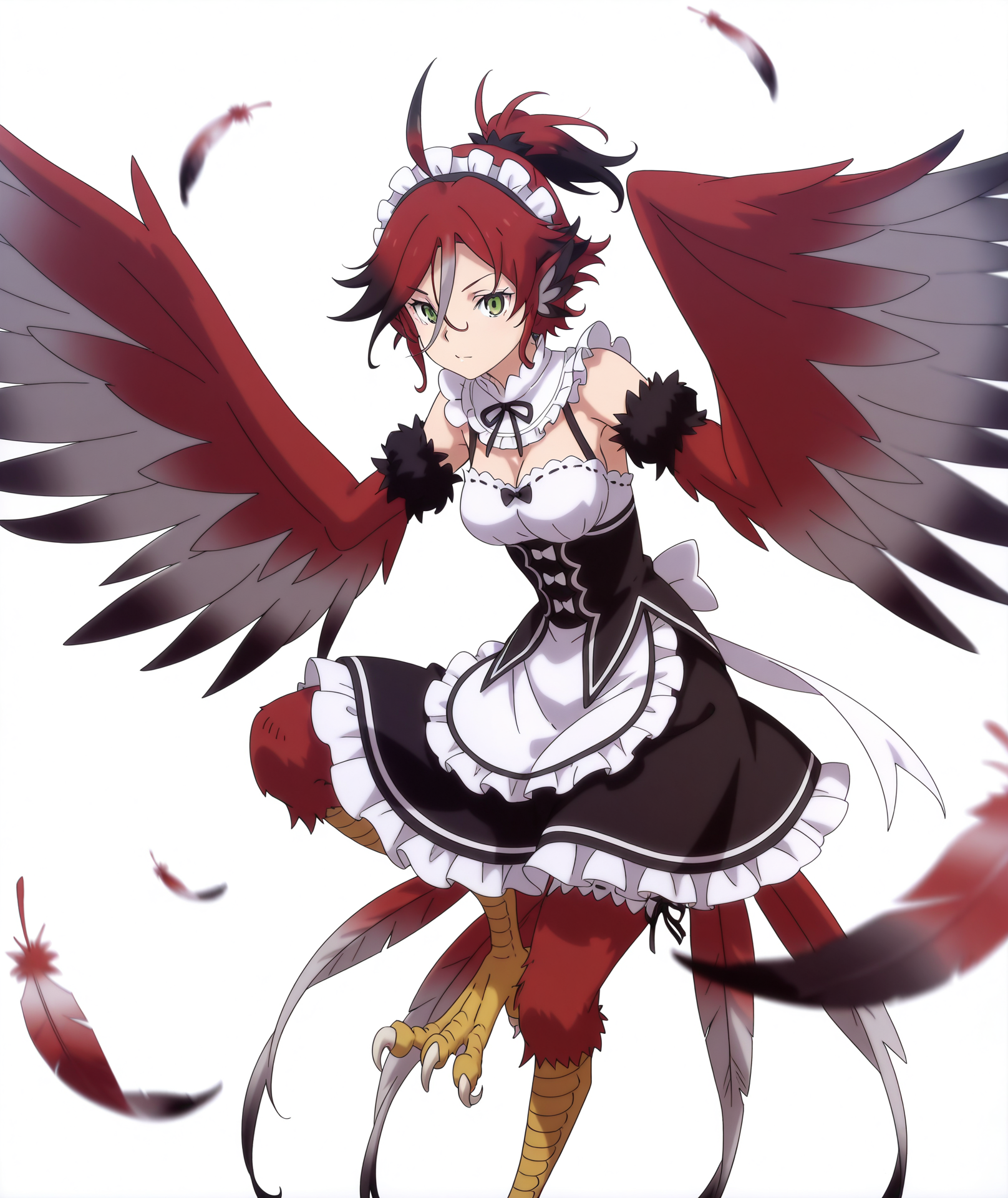 official art, absurdres, highres, anime coloring, hi res, best quality, masterpiece, 2d, intricate details, 4k,
1girl, solo, short hair, bangs, green eyes, ahoge, red hair, ponytail, multicolored hair, black hair, hair between eyes, two-tone hair,
wings, feathers, monster girl, feathered wings, harpy, winged arms, talons, bird legs, bird ears, red feathers, legs feathers,
maid, maid headdress, maid apron, roswaal mansion maid uniform, detached sleeves, cosplay, parody, 
cowboy shot, 
depth of field, blurry, motion blur, white background, <lora:Illy_(Character)_ILXL:1>,