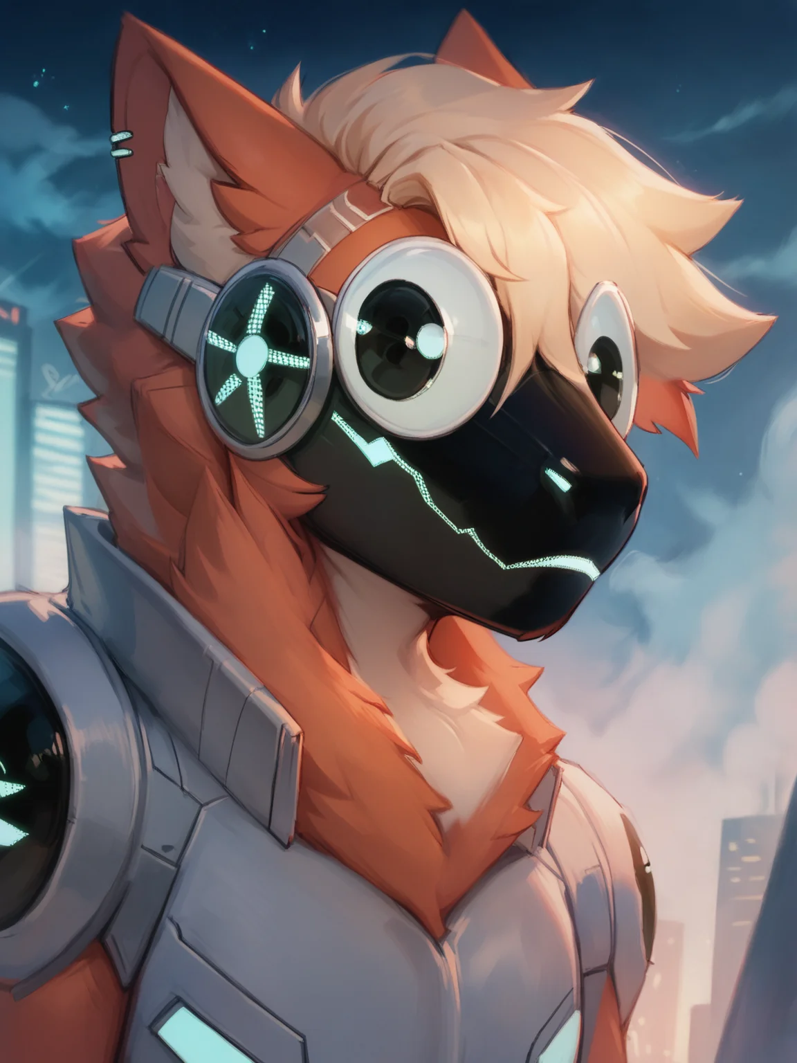 score_9, score_8_up, score_8, protogen, male, anthro, digital painting, black eyes, googly eyes, cyber city, cyberpunk, night, neon, <lora:princess_xl_v2:1>, <lora:Smooth Anime Style LoRA XL:1>, <lora:LoraGooglyBYXL_bygooglyeyes:1>