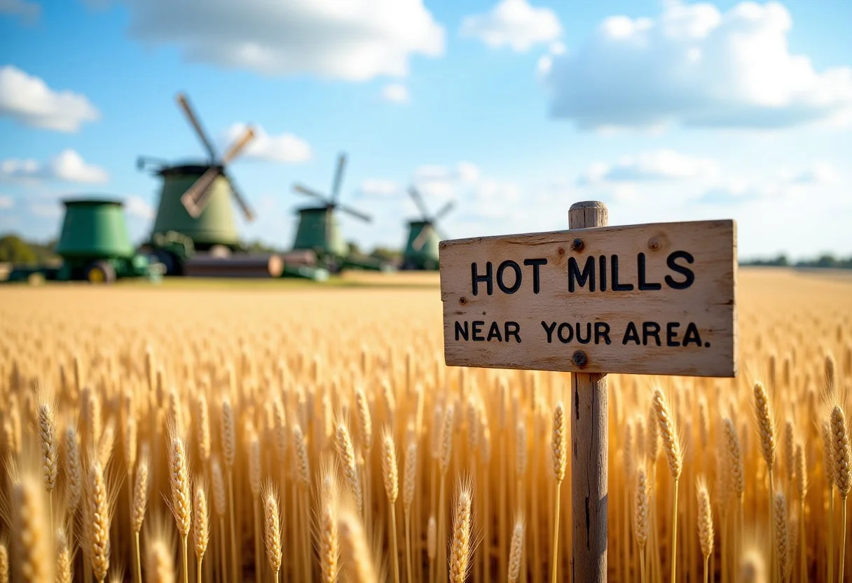 In a sunny day in summer the landscape is a field with grain crops and mills. There is a wood sign with text:"Hot mills near your area" , aidmaTextImprover