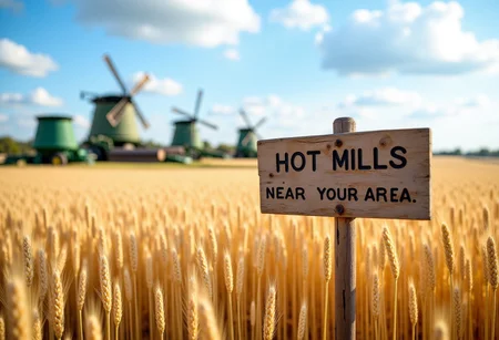 In a sunny day in summer the landscape is a field with grain crops and mills. There is a wood sign with text:"Hot mills near your area" , aidmaTextImprover
