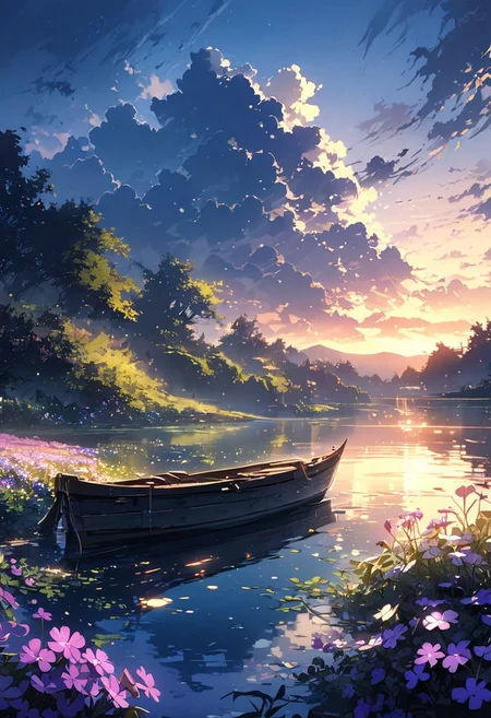 detailed background,( Calm spring night landscape), amongst lush greenery, beautiful view, creeping phlox in full bloom, creeping phlox, early morning, sunrise sky, beautiful clouds, dappled sunlight, outdoor seating, one lamp, Tranquil Lake, Boat on a Lake, depth of field, masterpiece, best quality, ultra-detailed, very aesthetic, illustration, perfect composition, intricate details, absurdres, moody lighting, wisps of light, no humans,