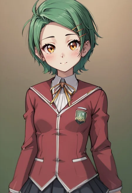 score_4,score_5,score_6,score_7_up,score_8_up,score_9
((masterpiece,best quality,ultra detailed,highres,HD,4k:1.2)),
(small breast:1.2),1 cute girl,solo,
Erika,lime green hair,very short hair,orange eyes,((hairpin)),parted bangs,
school uniform, red cardigan, black miniskirt,