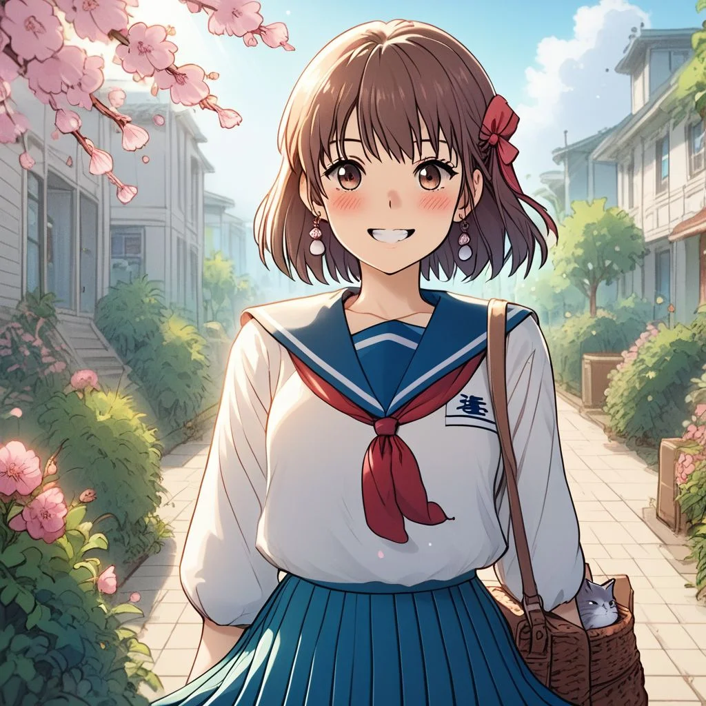 1girl, solo, looking at viewer, blush, short hair, bangs, skirt, brown hair, shirt, long sleeves, bow, ribbon, brown eyes, jewelry, school uniform, hair ribbon, white shirt, flower, hair bow, cowboy shot, pleated skirt, earrings, outdoors, teeth, serafuku, day, medium hair, sailor collar, bag, tree, blue skirt, neckerchief, animal, sunlight, cat, plant, blue sailor collar, cherry blossoms, red flower, building, red neckerchief, pink flower, basket, bush, smile
