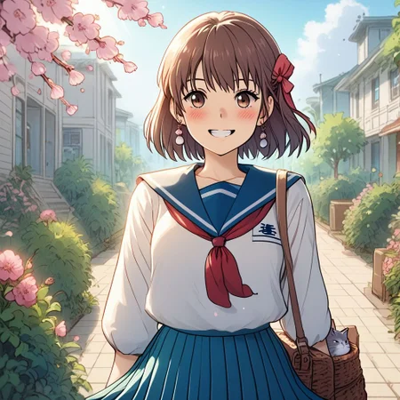 1girl, solo, looking at viewer, blush, short hair, bangs, skirt, brown hair, shirt, long sleeves, bow, ribbon, brown eyes, jewelry, school uniform, hair ribbon, white shirt, flower, hair bow, cowboy shot, pleated skirt, earrings, outdoors, teeth, serafuku, day, medium hair, sailor collar, bag, tree, blue skirt, neckerchief, animal, sunlight, cat, plant, blue sailor collar, cherry blossoms, red flower, building, red neckerchief, pink flower, basket, bush, smile