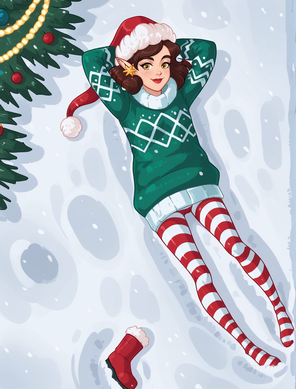score_9, score_8_up, score_7_up, best quality, 2d, masterpiece, hires, PenelopeTheElf, 1girl, solo, brown hair, yellow eyes, pointy ears, red lips, sweater, striped pantyhose, star earrings, santa hat, red mittens, lying in snow, happy, hands behind head, closed mouth, looking at viewer, night, snowstorm, vxc, ((a winter village surrounded in snow)), in village center, (christmas tree), christmas lights, <lora:PenelopeTheElf:0.85>