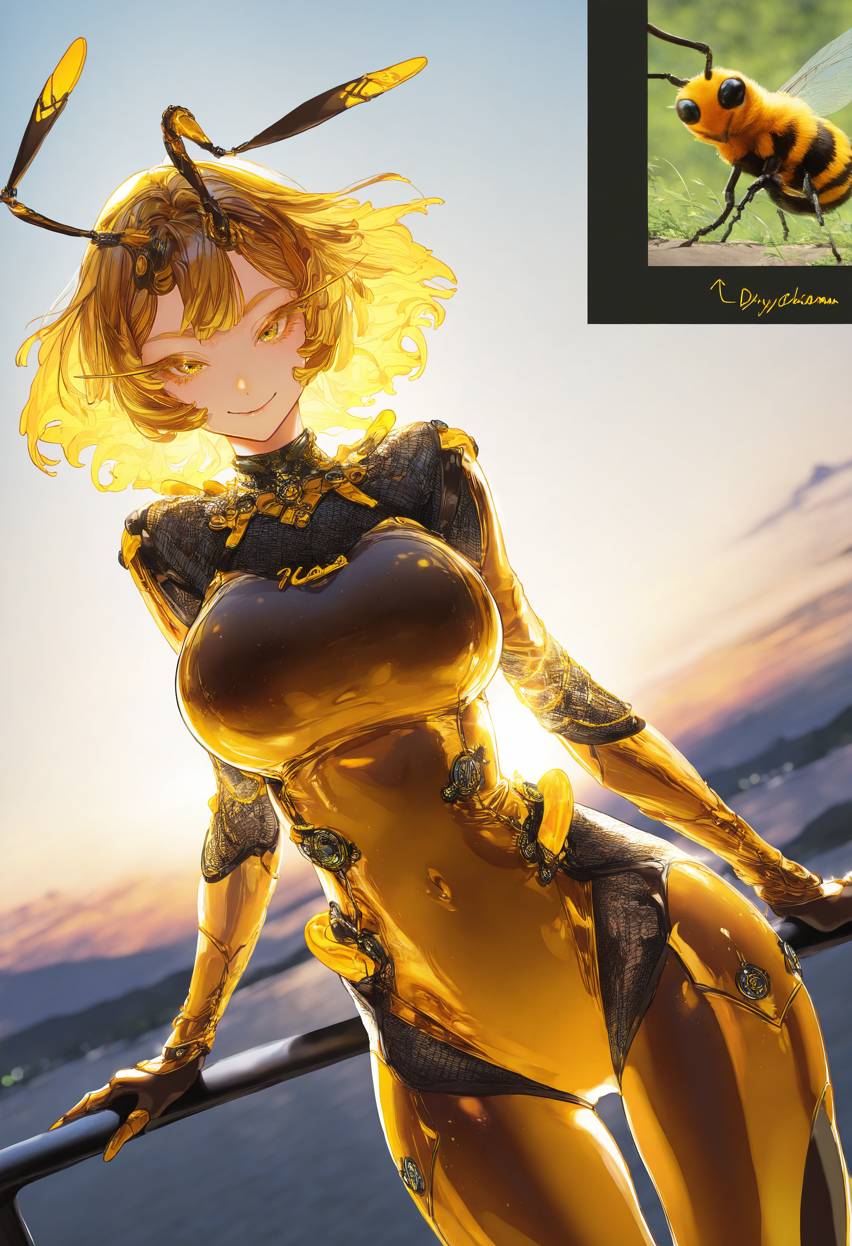 reference inset, reference \(bee\),
by [diyokama|say hana|yoneyama mai|lam],
1girl, personification, creature and personification, dynamic pose, dutch angle,
cowboy shot, facing viewer, looking at viewer, smile, long eyelashes, colored eyelashes,
outdoors, scenery, backlighting, cyber fashion, jewelry,
masterpiece, best quality, very awa, absurdres
<lora:noobai_epred_11_reference_inset_concept_v1:1>