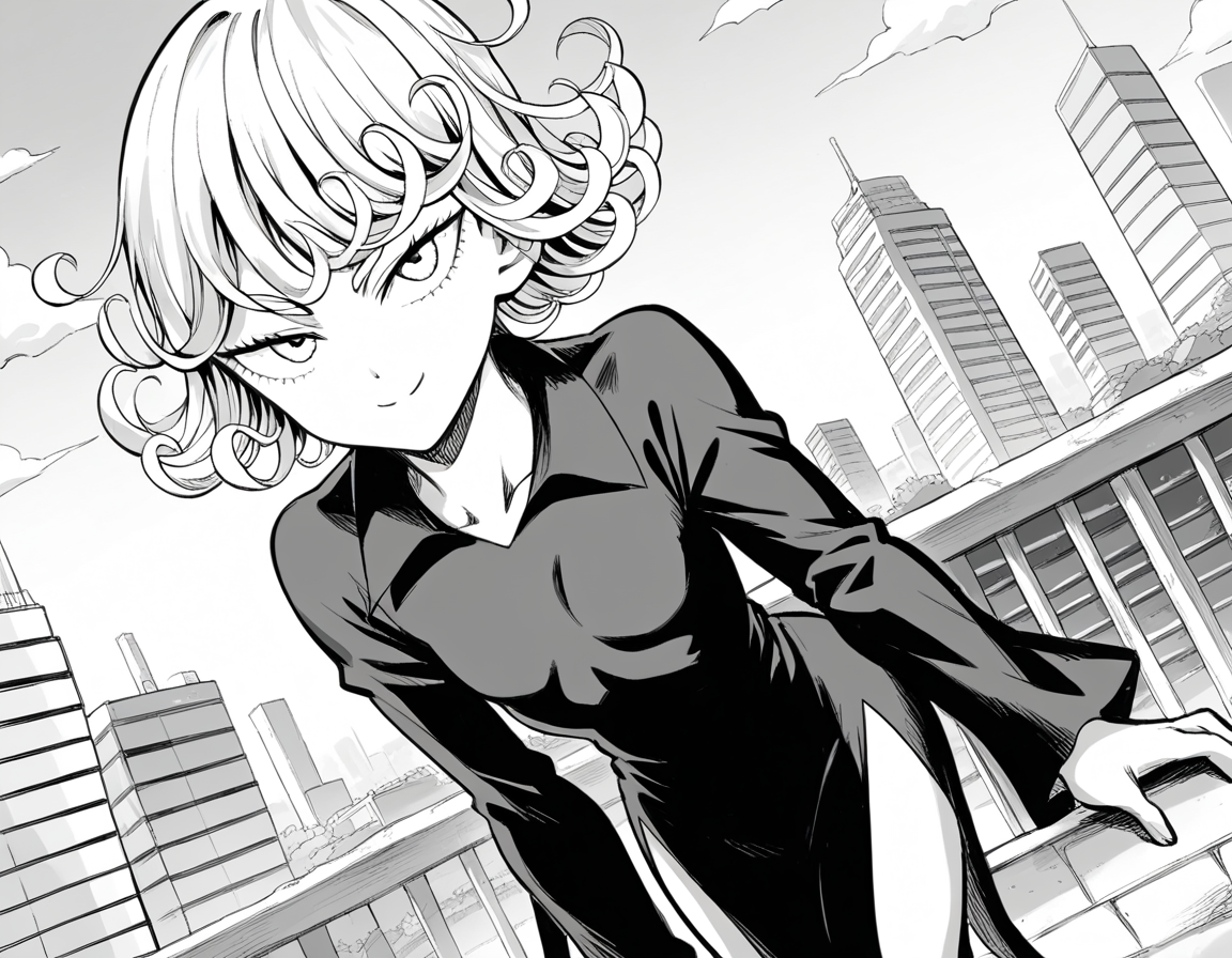 score_9, score_8_up, score_7_up, source_anime,
tatsumaki, <lora:opm-tatsumaki-manga-ponyxl-lora-nochekaiser:1>,
tatsumaki, short hair, curly hair, monochrome, greyscale,
long sleeves, dress,
outdoors, cityscape, bent over, smile,
looking at viewer, cowboy shot, solo, dutch angle,