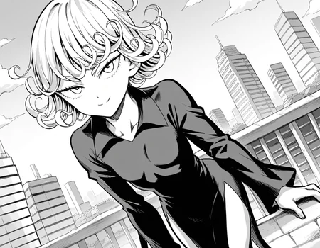 score_9, score_8_up, score_7_up, source_anime,
tatsumaki, <lora:opm-tatsumaki-manga-ponyxl-lora-nochekaiser:1>,
tatsumaki, short hair, curly hair, monochrome, greyscale,
long sleeves, dress,
outdoors, cityscape, bent over, smile,
looking at viewer, cowboy shot, solo, dutch angle,