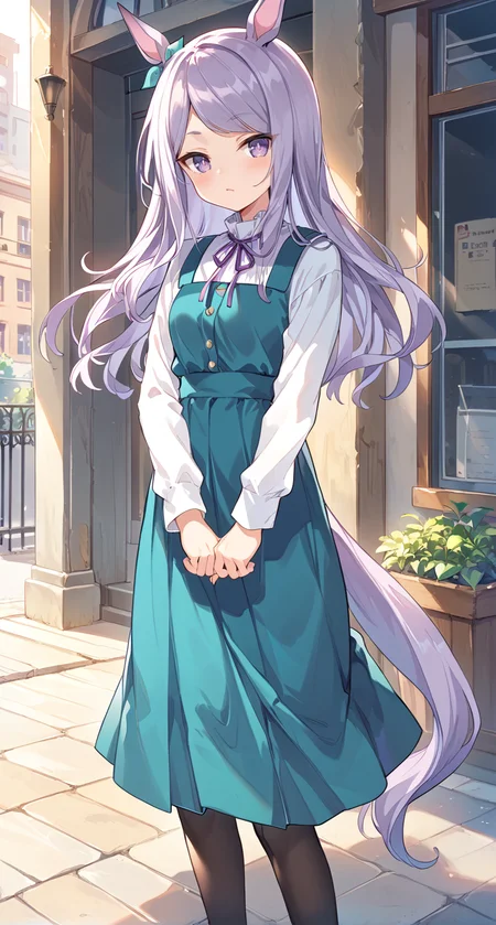 score_9,score_8_up,score_7_up,
official art,official style,game cg,megami magazine,
1girl,
mjm casual,mejiro mcqueen (umamusume),
animal ears,aqua dress,blue dress,green dress,dress,
highres,horse girl,purple hair,ribbon,shirt,tail,violet eyes,
white shirt,blush,ear ribbon,eyebrows visible through hair,eyes visible through hair,
long hair,long sleeves,neck ribbon,horse ears,horse tail,pinafore dress,black pantyhose,
purple eyes,swept bangs,purple ribbon,bangs,casual,green ribbon,pleated dress,alternate costume,
long dress,
standing,
<lora:umamusume_mejiro_mcqueen_pony_v1:1>,
