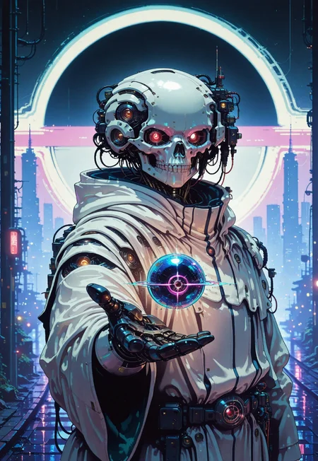 1other, solo, looking at viewer, hood, wide_sleeves, no_humans, outstretched arm, outstretched hand, reaching towards viewer, presenting black hole orb, dynamic pose, robot, cloak, hood_up, science_fiction, robe, skull, cable, hooded_cloak, white_robe, white_cloak, humanoid_robot, road, cybercity skyline, skyscraper, glowing eyes, hooded_robe, night sky, full moon, scenery, utility pole, traffic light, painterly, volumetric lighting, no line art, no outline, portrait, depth of field, photo (medium), fine art, masterpiece, best quality, good quality, very awa, very aesthetic, absurdres, newest, 8k, high contrast, in the style of cknc