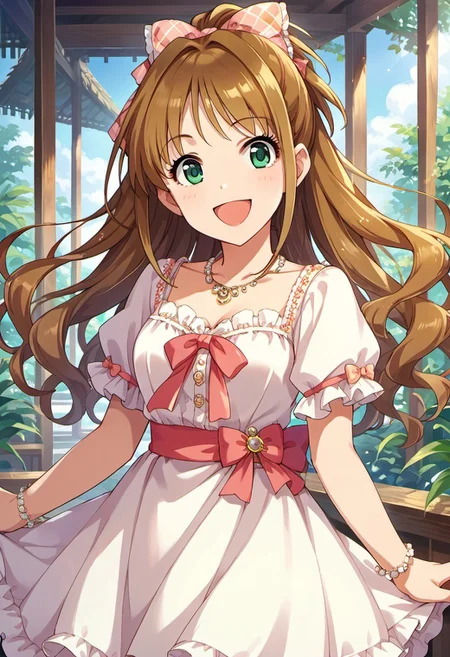 score_9, score_8_up, score_7_up, source_anime,hino akane, long hair, brown hair, green eyes, 1girl, solo, jewelry, bow, open mouth, necklace, hair bow, smile, ponytail, dress, looking at viewer