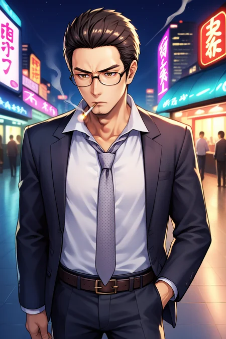 score_9, score_8_up, score_7_up, BREAK, <lora:kiryukazuma-guy-PONYv1:.9>, 1boy, solo, kiryukazuma, black jacket, formal, glasses, white shirt, dress shirt, necktie, grey necktie, polka dot necktie, muscular, black pants, belt, lens flare, neon trim, outdoors, nightclub, ear piercing, street, reflection, night, night sky, smoking, cigarette, holding lighter, city,