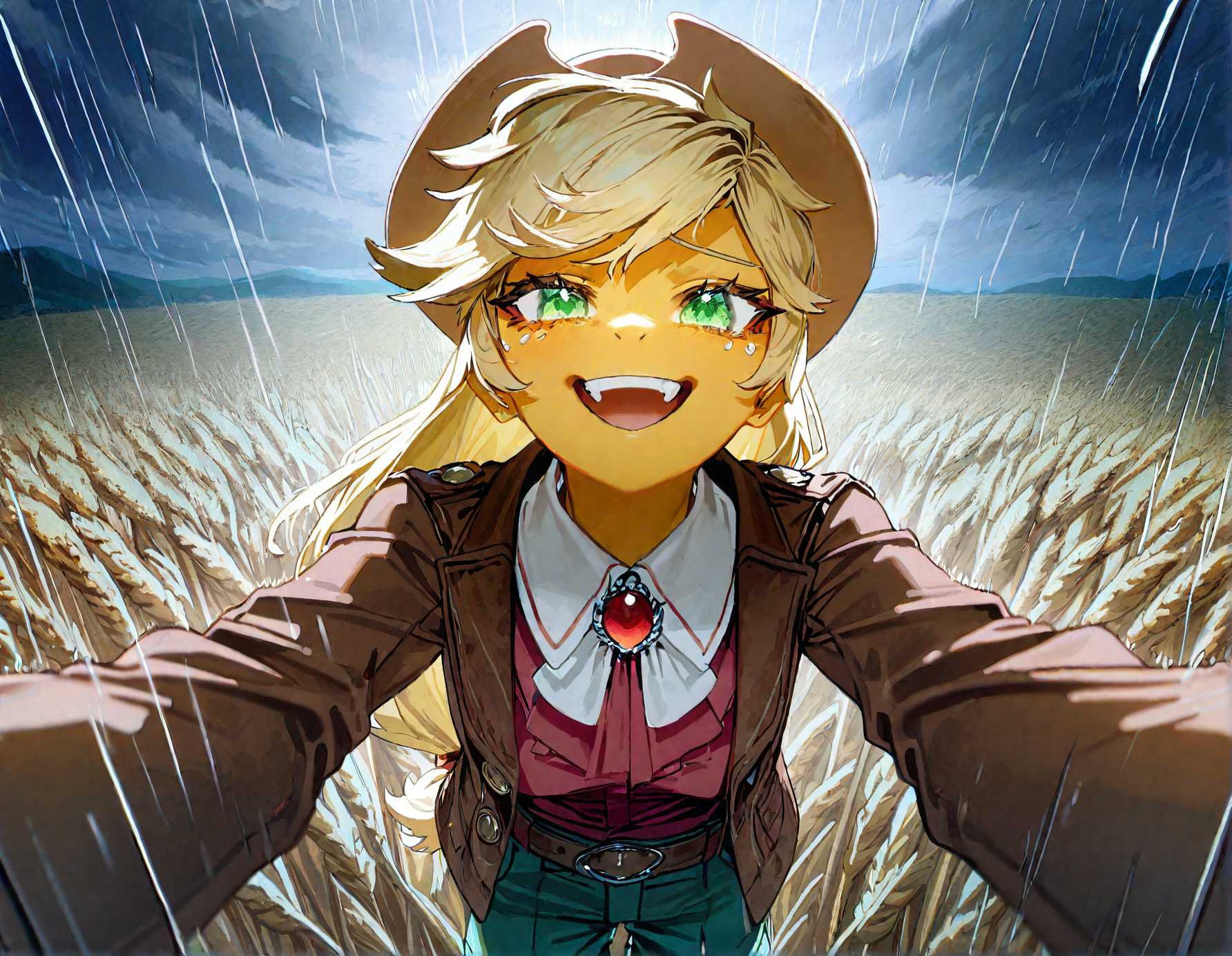 applejack , 1girl, blonde_hair , cloud ,colored_skin, furry, furry_female, long_hair,orange_skin ,outdoors, personification , solo, , wheat_field,Straw ,dot_nose, freckles, green_eyes , medium breast,
green_pants, jacket,long_hair, official_alternate_costume, open_jacket, pants, single_braid, yellow_shirt,adapted_costume , braid ,brooch ,brown_belt, brown_hat, brown_jacket, buttons, cowboy_hat ,detached_collar, knee_boots,  windy,  looking at viewer, rain, raining, storm, laughing , happy,dynamic pose,  incoming_hug,outstretched_arms, pov,
rella, rolua,  quasarcake:0.8, negative space,  very awa,
masterpiece, best quality, Good quality, very aesthetic, absurdres, newest, (Perfect details),
<lora:ponyv5_noobV065S_1_adamW:0.8>, <lora:illustrious_noobai_epsilon_pred_1_best_quality_v1:0.7> ,<lora:illustrious_noobai_epsilon_pred_11_very_aesthetic_v1:0.7> ,<lora:illustrious_noobai_epsilon_pred_1_masterpieces_v1:0.7> , <lora:Straw_thread:1>