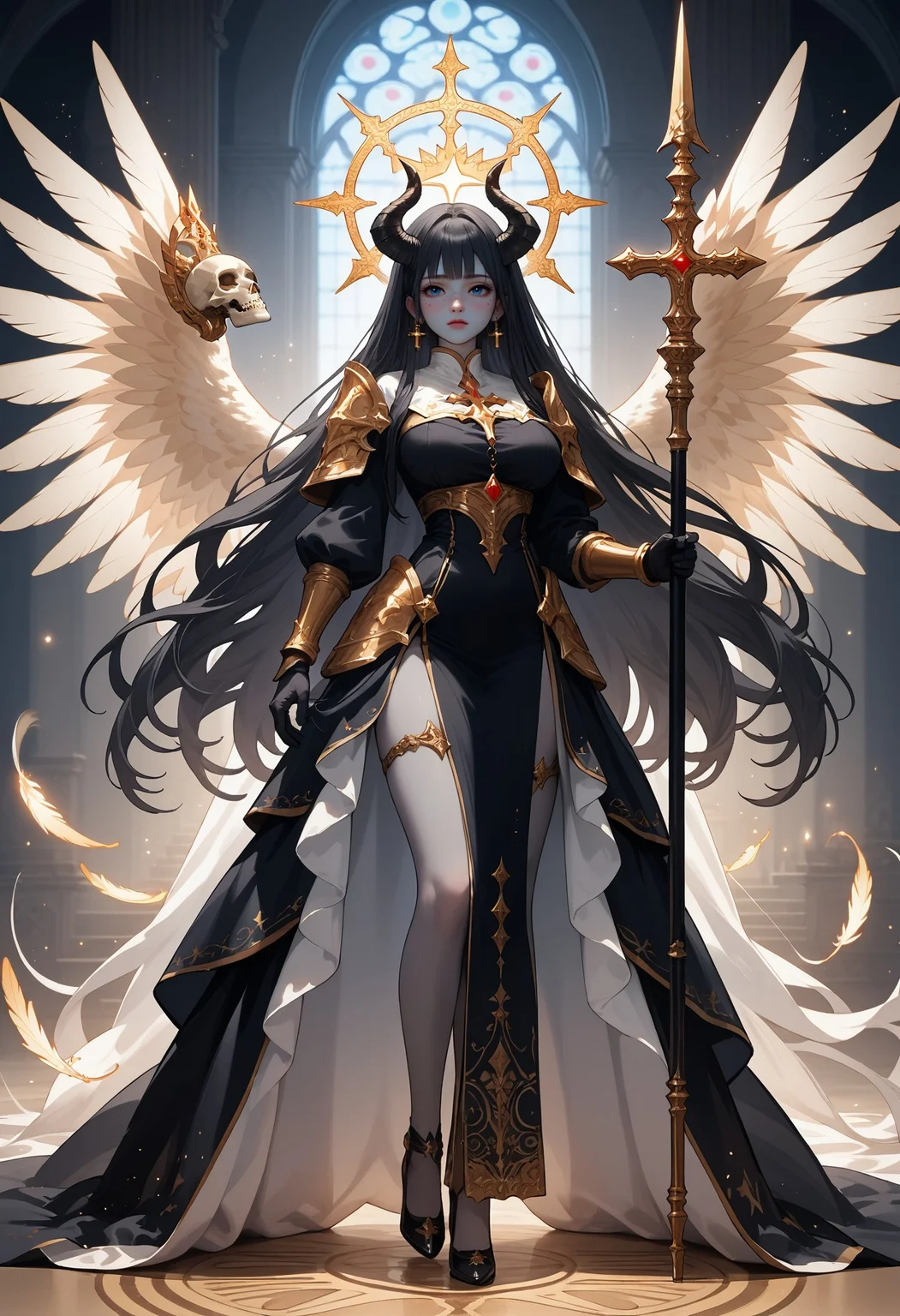Score_9, score_8_up, score_7_up, score_6_up, score_5_up, score_4_up, highly detailed, source_anime, himari, 1girl, dark priestess, standing pose, 1girl, solo, long hair, dress, black hair, black dress, breasts, holding, full body, horns, very long hair, standing, large breasts, long dress, looking at viewer, mask, long sleeves, staff, jewelry, yellow eyes, cross, skull, black gloves, colored skin, holding staff, bangs, armor, closed mouth, grey skin, gloves, red eyes, grey hair, high heels, black skin, star \(symbol\), cane, earrings, gothic cathedral,blond hair, blue eyes, ornate armor, (black and gold outfit:1.05), intricate design, halo, background, flowing cape, celestial symbols, dramatic lighting, detailed armor, ethereal atmosphere, gothic architecture, fantasy setting, solemn expression, sacred aura, dark elegance, elaborate headdress, mystical ambiance, medieval fantasy, holy relic, divine presence, celestial alignment, sacred geometry, celestial priestess, feather wings, big white wings, Angel, spear, holding magic, glowing magic, glowing spear, valkyrie, cowboy shot, close up, <lora:Expressive_H:0.7>,Expressiveh <lora:Smooth Anime Style LoRA XL:0.6>
