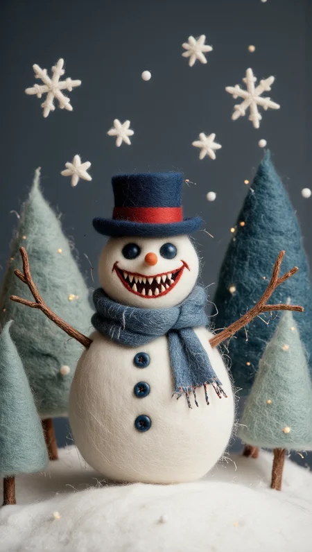 XmasDemon, felt-crafted, felt art
A chubby little XmasDemon Frosty snowman made entirely of white and blue felt, with a stitched-on crooked smile, tiny felt fangs, and black button eyes. His twig arms end in tiny felt claws, and his scarf is frayed and torn. A tiny top hat sits on his head, tilted mischievously, with a glowing red ribbon. Snowflakes made of shimmering felt float around him in a wintery forest of felted pine trees.
