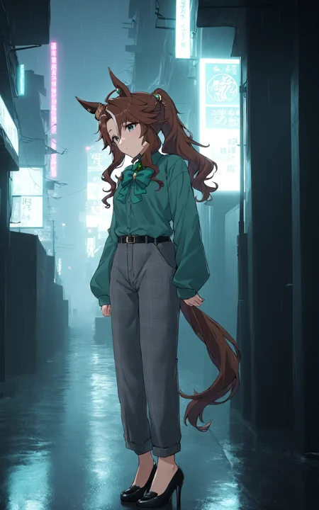 (masterpiece),(highest quality),highres,(an extremely delicate and beautiful),(extremely detailed), solo, Mejiro Palmer \(umamusume\) wears ear ornament, casual, green shirt, green bowtie, long sleeves, belt, shirt tucked in, plaid grey pants, black high heels. she looking sadly down and stands alone in heavily rainy day, cyberpunk buildings with neon lights
<lora:UmaDiffusionXL-768x1024:1>
