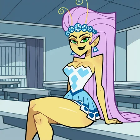 score_9, score_8_up, score_7_up, score_6_up, score_5_up, score_4_up, BREAK, <lora:Princess_Mandie:0.8>, princess mandie, 1girl, solo, breasts, strapless dress, pink hair, long hair, black lips, green eyes, pointy ears, yellow skin, smile, thick thighs, sitting, indoors, large breasts, looking at viewer,
