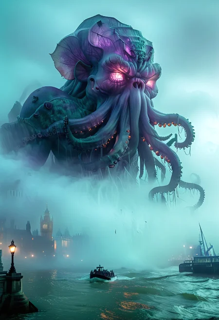 flu0rite, Gigantic fluorite mineral Cthulhu, nighttime, towering attacking London Bridge, the river Thames, foggy