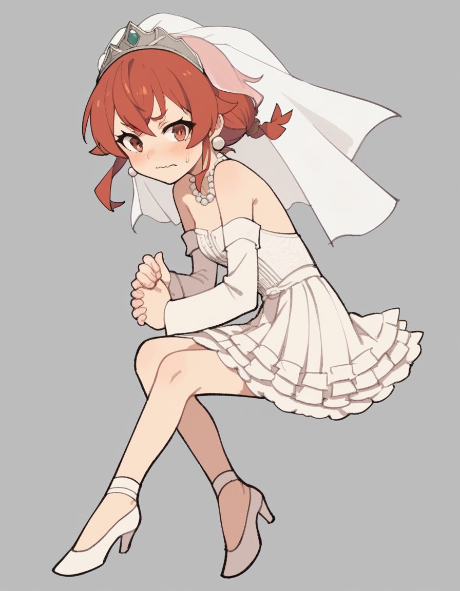 zPDXL, score_9, score_8_up, score_7_up, source_anime, flat color, sketch,
1girl, solo, wavy mouth, closed mouth, (hug_from_behind), eris greyrat, mushoku tensei, red hair, short hair , bride wearing Off-the-shoulder lace blouse, satin trumpet skirt, satin slingback heels, wedding veil with lace, delicate pearl necklace and earrings set,heirloom brooch,
 <lora:TemmieChang_ver2:1> tmchng, .