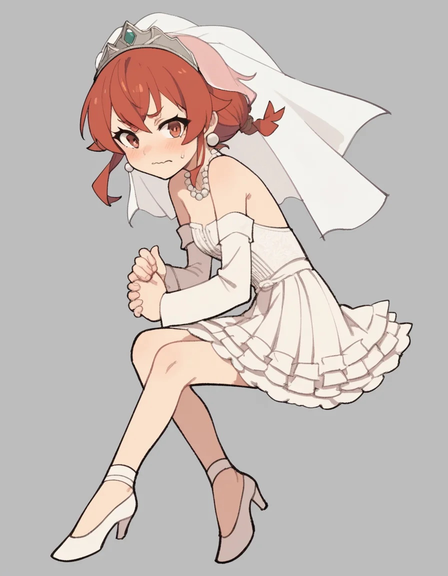 zPDXL, score_9, score_8_up, score_7_up, source_anime, flat color, sketch,
1girl, solo, wavy mouth, closed mouth, (hug_from_behind), eris greyrat, mushoku tensei, red hair, short hair , bride wearing Off-the-shoulder lace blouse, satin trumpet skirt, satin slingback heels, wedding veil with lace, delicate pearl necklace and earrings set,heirloom brooch,
<lora:TemmieChang_ver2:1> tmchng, .
