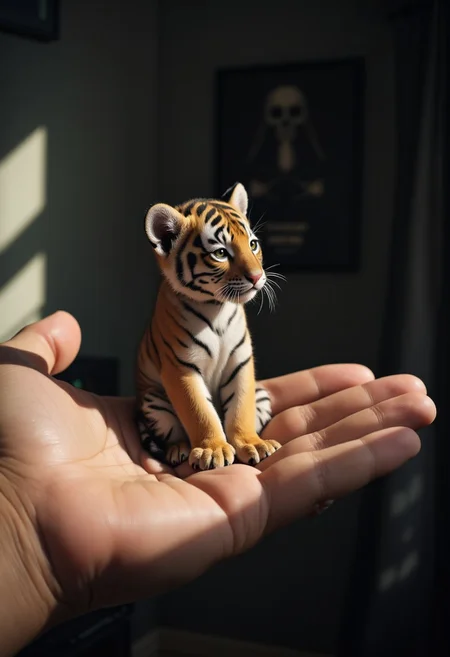 An analog film photo image depicts a mini tiger curled up in the open palm of a giant human hand. The tiny tiger, with its soft striped fur, sits in a meditative posture—its paws gently curled, and its tail wrapped around its body. Its head rests on its knees, with its large, curious eyes looking up with a mix of innocence and wonder. The delicate whiskers and fur texture are clearly visible, capturing the tiger's intricate details.
In the foreground, the human hand is visible, supporting the tiny tiger with its massive size contrasting against the miniature creature’s fragility. The background is blurred, evoking a dark room or shadowy space with soft shadows cast on the walls, creating an intimate and mysterious atmosphere.
The composition is simple yet effective, with the mini tiger centered in the frame and the giant palm creating an intriguing contrast in scale. The soft, diffused lighting emphasizes the fine details of the tiger's fur and the texture of its wet skin, creating a sense of warmth and closeness.
The overall atmosphere conveys a sense of wonder and curiosity, as if the viewer is invited to examine this tiny, fragile tiger up close. The image has a faded, desaturated look, resembling 35mm film, with a grainy texture. The photo is reminiscent of Kodachrome or Lomography, complete with slight stains and a vignette effect, adding to the vintage aesthetic.