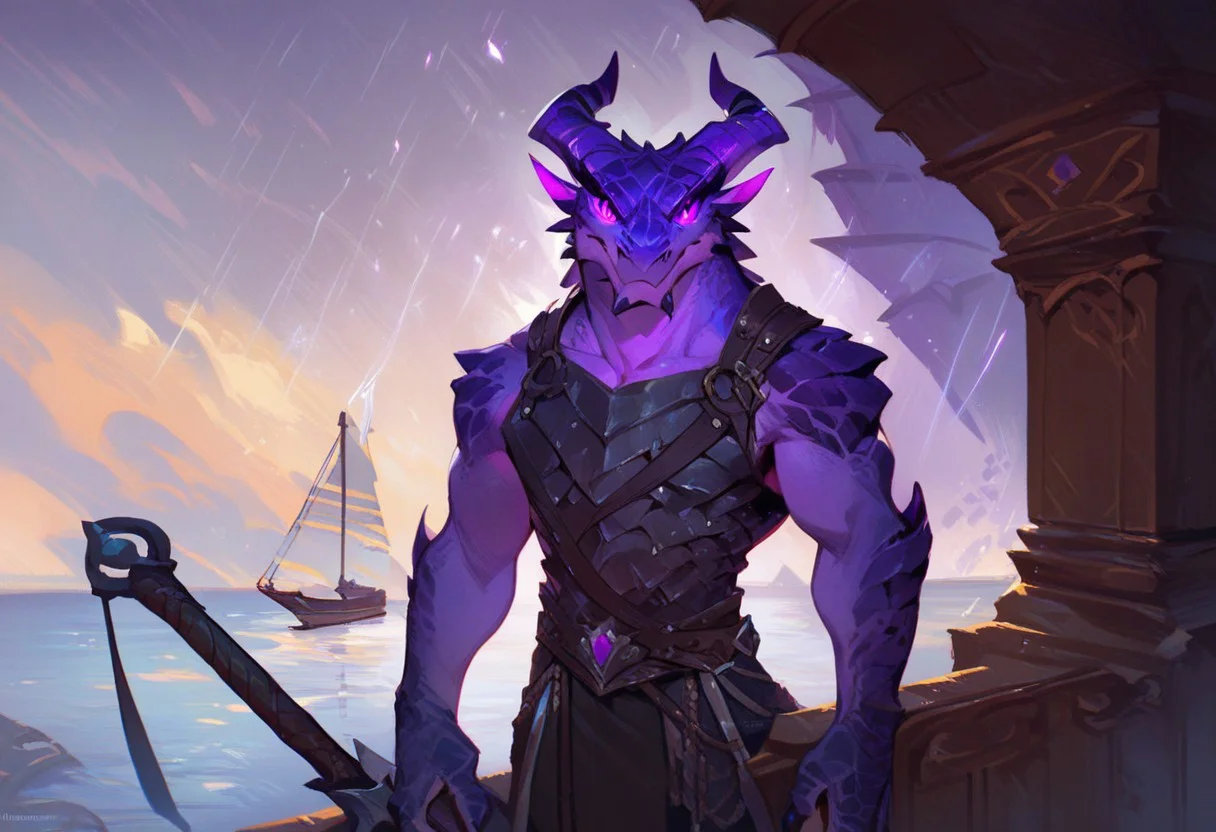 score_9_up, score_8_up, score_7_up,score_6_up, rating_safe, style_furry, 1man, solo, purple Dragonborn holding a gigantic black obsidian sword, amethyst scales, dark purple horns, glowing purple eyes, colored sclera, standing on a deck of a boat, storm in background