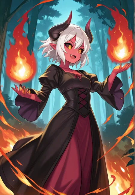masterpiece, best quality, amazing quality, very aesthetic, absurdres, newest, detailed background, forest,
(magicaura, aura, magic, fire aura:1.4), dress, horns, solo, white hair, fang, pointy ears, colored skin, short hair, red skin, colored sclera, 1girl, demon girl,
<lora:Magic_Aura:1>